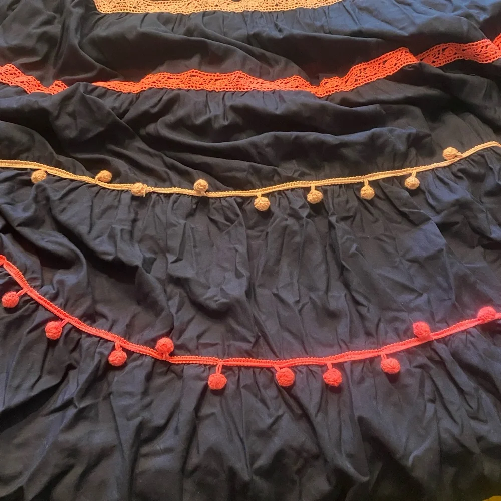 Crown & Ivy Navy Tiered Maxi Dress with Pink & White Trim with Pom Poms - Picture 5 of 7